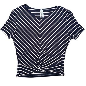 Navy Blue & Pink Striped Twist Front Crop Top Short Sleeve Size Small